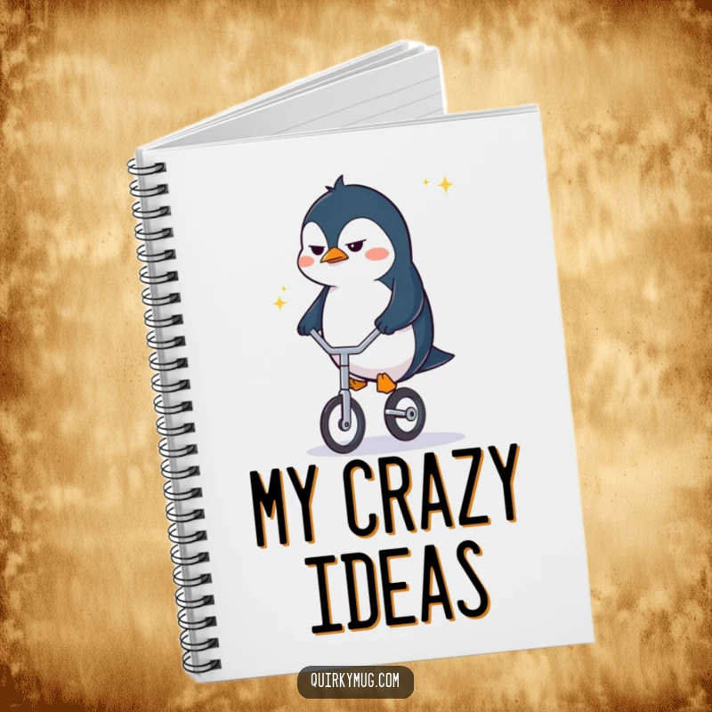 Funny penguin character with a notebook, frowning with determination while riding a tiny unicycle, ready to plan.