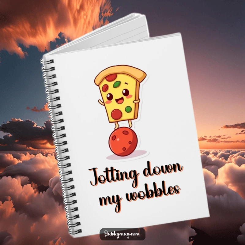Funny notebook for pizza fans, featuring a slice balancing on a pepperoni, ideal for notes.