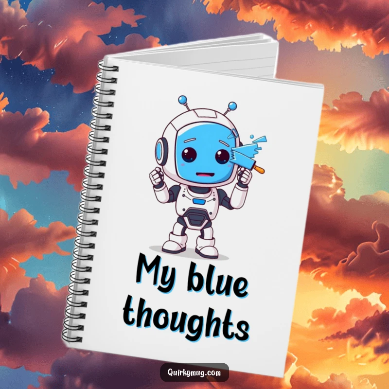 Funny notebook cover featuring a clumsy robot character with its whole face accidentally painted blue, inspiring creative note-taking.