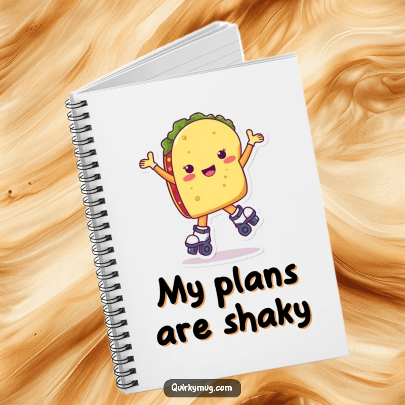Funny taco character roller skating precariously on the cover of a notebook, ready for notes.
