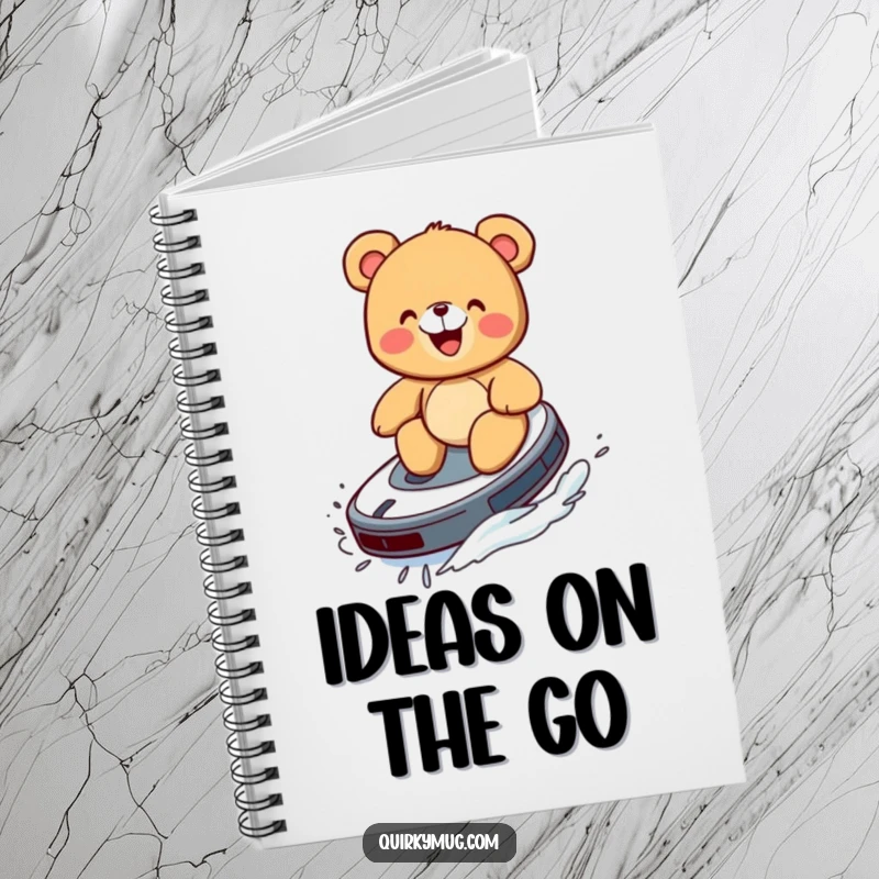 Funny notebook cover featuring a giggling teddy bear riding a Roomba like a surfboard.