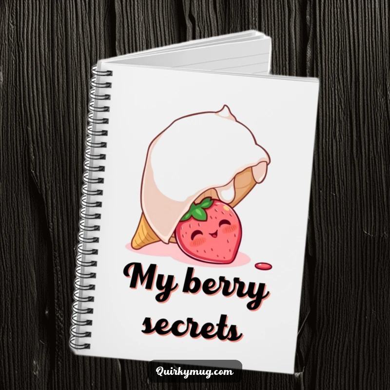 Funny notebook cover with a blushing strawberry character peeking out from under a giant overturned ice cream cone, inspiring sweet and funny notes.