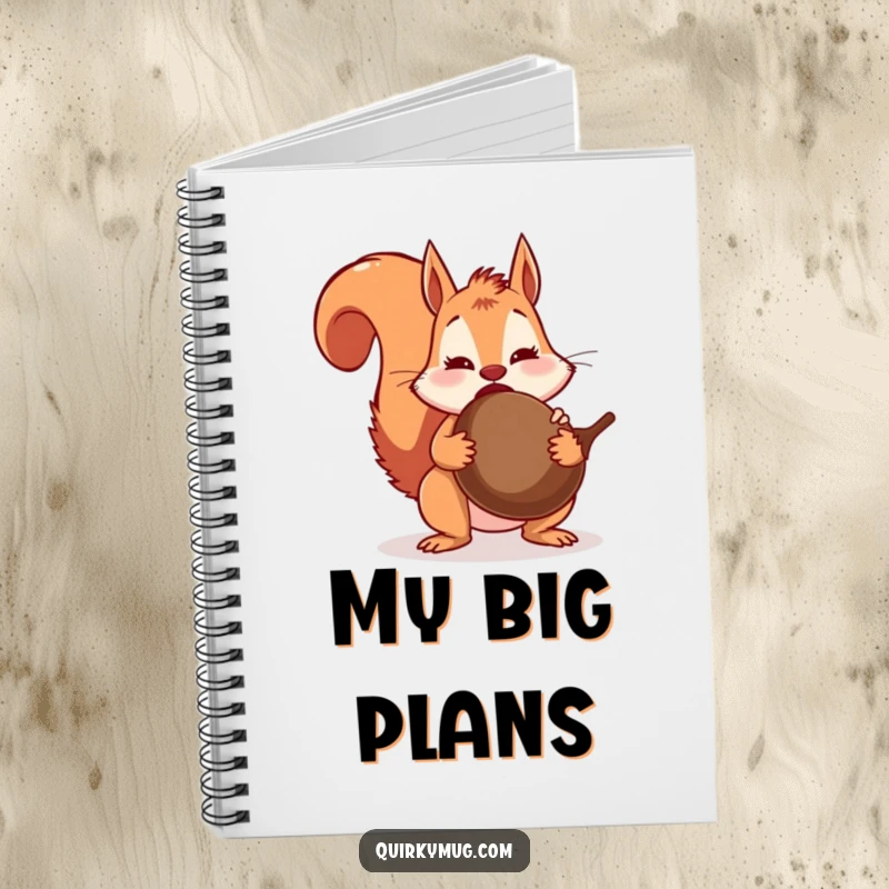 Funny squirrel character with a notebook, looking surprised with a large acorn stuck mid-swallow, ready to document experiences.