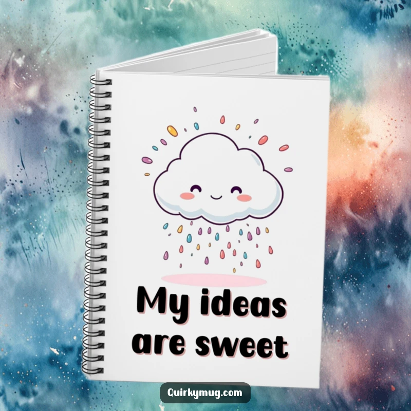 Funny cloud character showering sprinkles on the cover of a cheerful notebook.