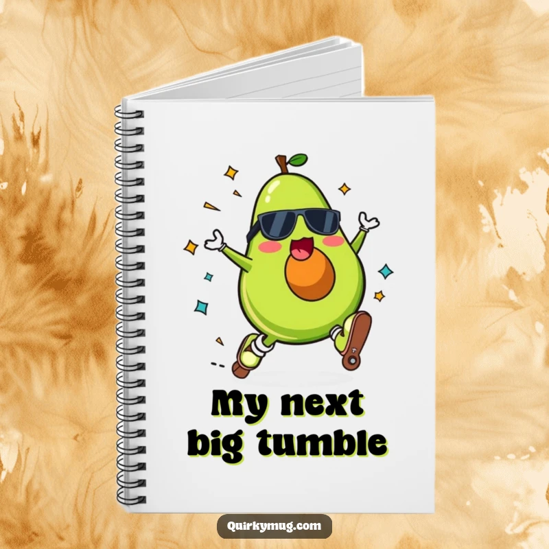 Funny Kawaii avocado character on a notebook, roller skating and falling spectacularly with a surprised expression.