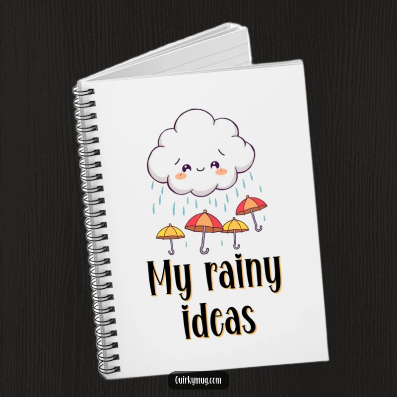 Funny notebook featuring a mischievous cloud character raining down tiny, smiling umbrellas, perfect for notes and creative ideas.