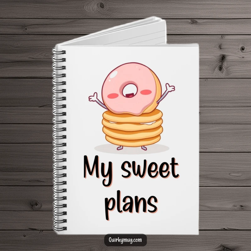 Funny notebook featuring a wobbly jelly donut with tiny arms trying to balance pancakes, perfect for notes and culinary ideas.