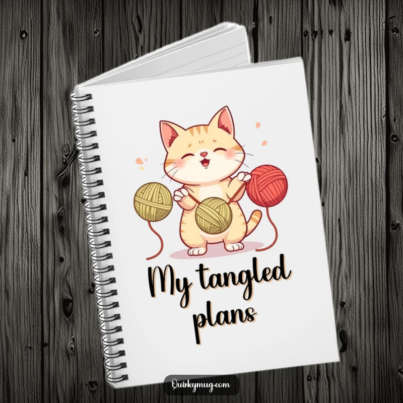 Funny notebook cover with a mischievous cat juggling yarn balls, perfect for capturing creative thoughts and doodles.