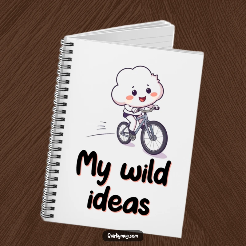 Funny notebook with a smiling cloud comically losing control on a bicycle, perfect for journaling and creative writing.