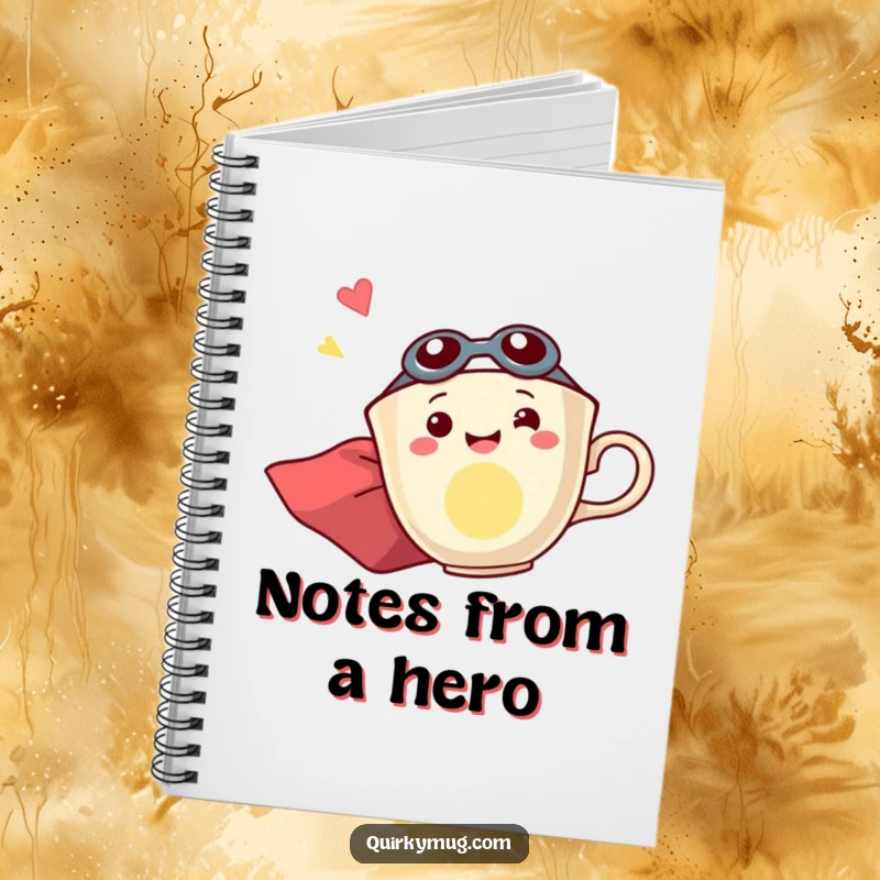 Funny notebook cover featuring a smiling teacup in a superhero cape, flying sideways with infectious excitement.