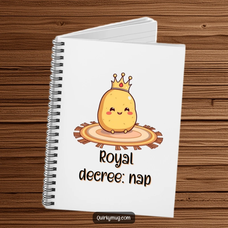 Funny notebook for potato lovers, featuring a crowned potato sliding on a rug, ideal for notes.