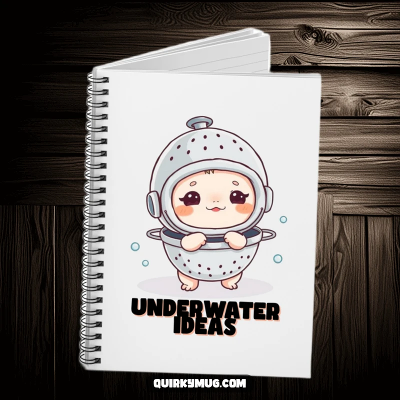 Funny notebook cover featuring a small creature humorously wearing a colander as a diving helmet, ready for creative expeditions.