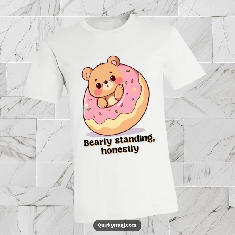 Funny t-shirt: A cheerful bear character humorously tripping over a giant rolling donut, looking comically surprised, great funny gift.