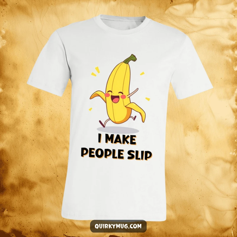 Funny Banana Peel T-Shirt: Depicts a delighted banana peel character mid-fall with an exaggerated, comical expression and pose.