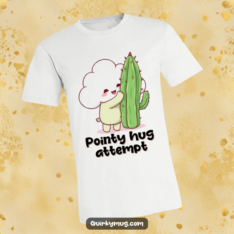 Funny fluffy cloud character reaching for a hug from a very pointy cactus, a sweet and humorous t-shirt graphic.