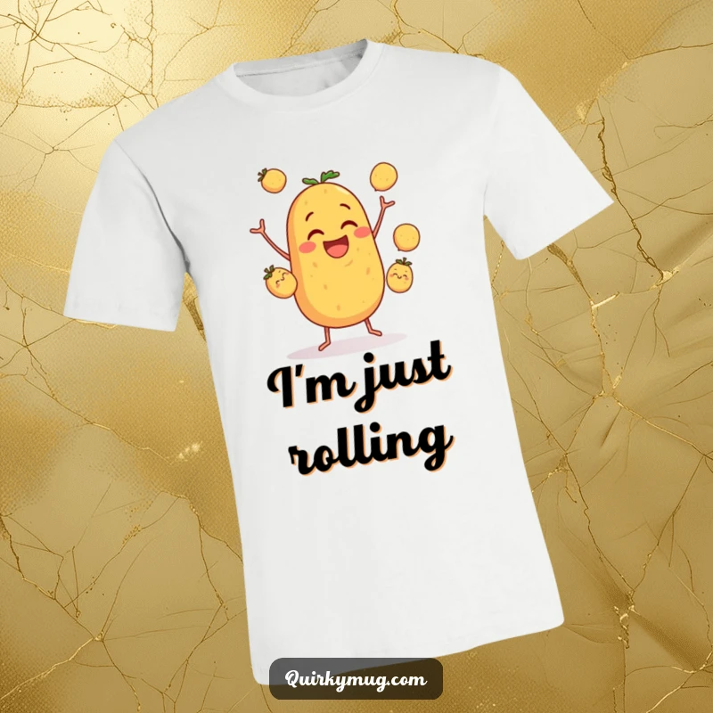 Funny t-shirt depicting a clumsy potato character hilariously attempting to juggle three smaller potatoes, full of joyful effort and silly grace.