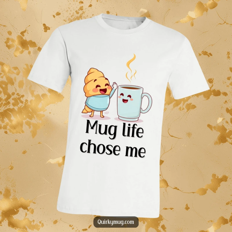 Funny joyful croissant character attempting to high-five a confused coffee mug on a t-shirt, great funny gift.