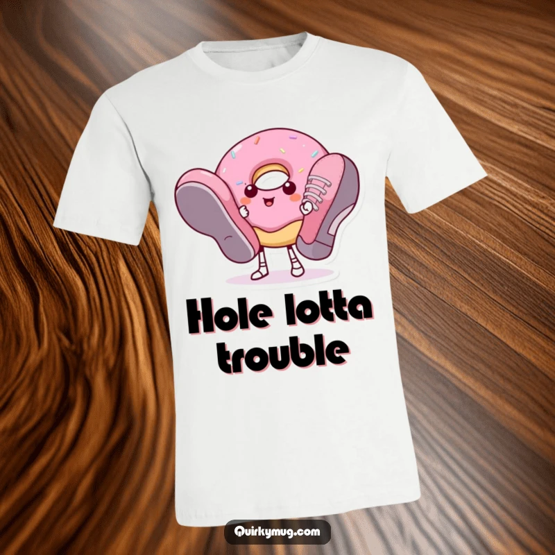 Funny donut character struggling with massive shoes, printed on a humorous t-shirt design.