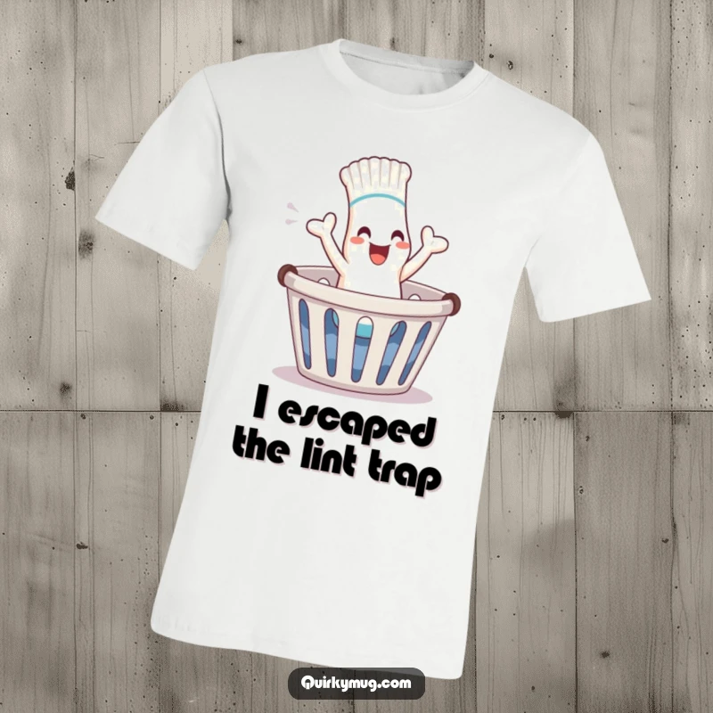 Funny giggling sock character jumping from laundry basket, soft cotton tee for a funny gift.