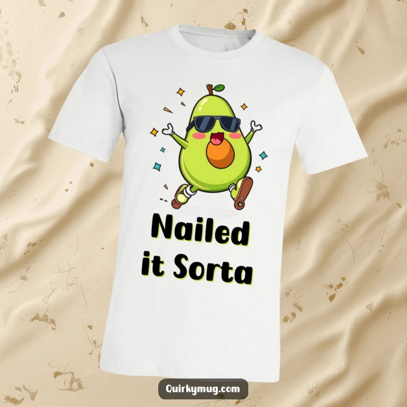 Funny Kawaii avocado character on a t-shirt, roller skating and falling spectacularly with a surprised expression.