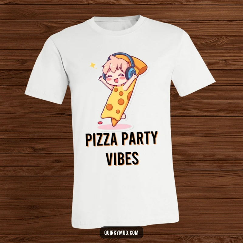 Funny t-shirt with a cute character wearing headphones, happily dancing on a giant slice of pizza, exuding pure happiness.