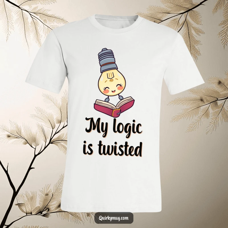 Funny t-shirt of a lightbulb character attempting to read a book that is upside down.