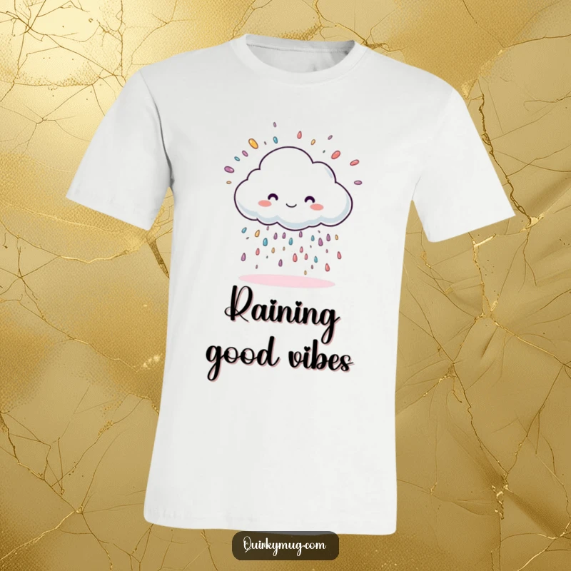 Funny cloud character showering oversized sprinkles, printed on a colorful t-shirt.