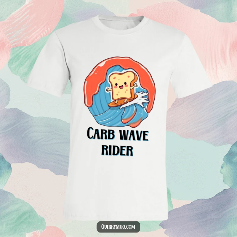 Funny t-shirt showcasing a smiling toast character expertly surfing a huge jam wave, expressing pure exhilaration and a love for breakfast.