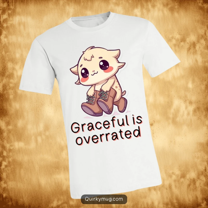 Funny Tripping Creature T-Shirt: A little creature wearing oversized boots, comically tripping over its own feet, a humorous wearable.