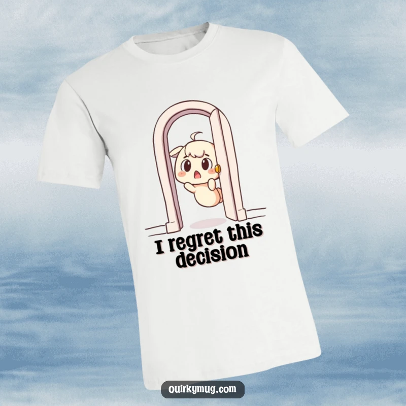 Funny t-shirt with a surprised character comically stuck in a tiny doorway, perfect for those who appreciate slapstick humor.