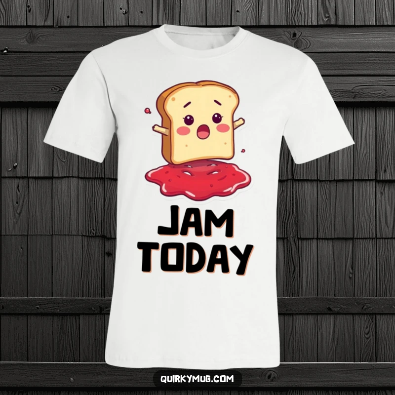 Funny t-shirt showing a surprised bread slice character comically falling headfirst into a large pool of luscious jam.