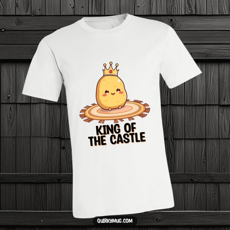 Funny t-shirt of a smiling potato with a crown, sliding smoothly on a rug.
