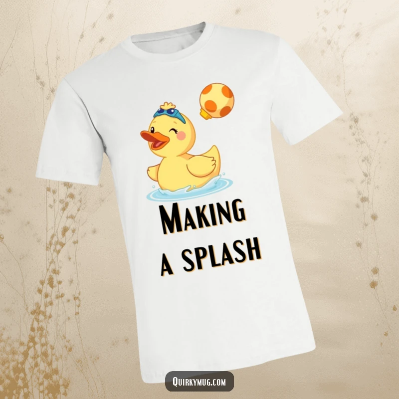Funny t-shirt showing a cheerful giant rubber duck wearing swim fins and doing a cannonball.