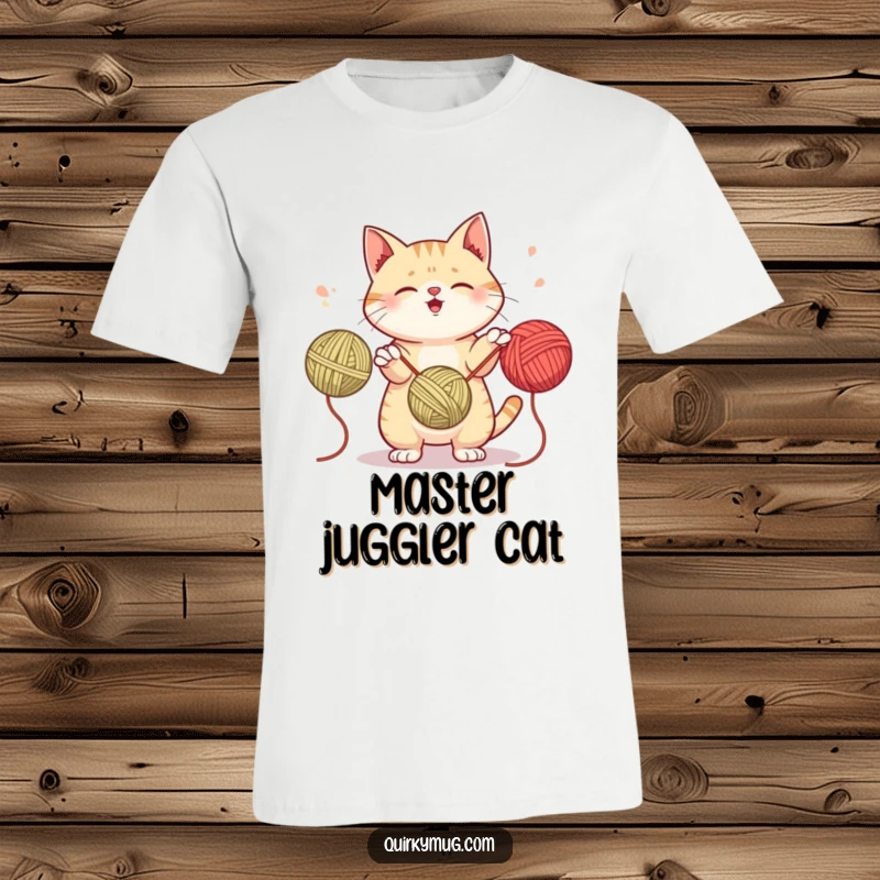 Funny t-shirt featuring a mischievous cat simultaneously juggling three balls of yarn, showcasing balance and playful chaos.