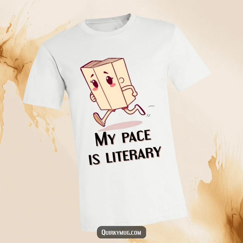Funny t-shirt depicting a book character with limbs running a race, representing the active pursuit of knowledge.