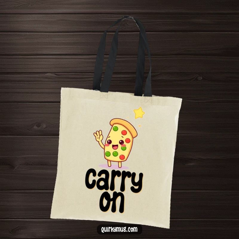 Funny Kawaii pizza slice character reaching for a star, ready to carry your items in this tote bag.