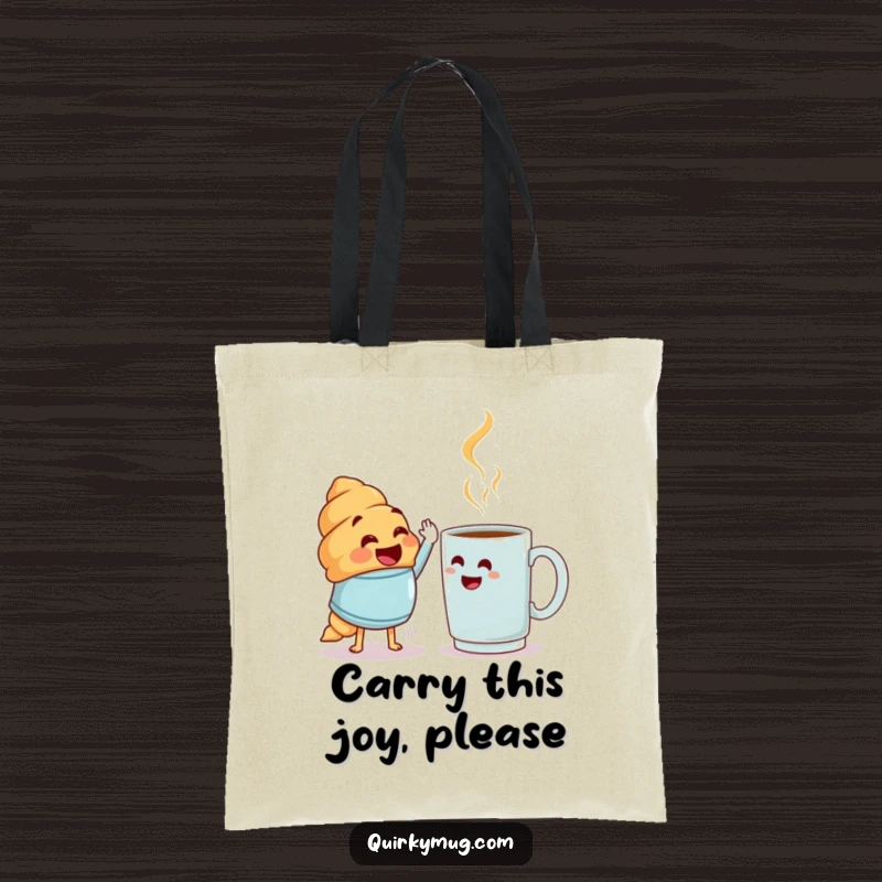 Funny croissant character reaching for a high-five from a perplexed coffee mug on a tote bag, funny gift.