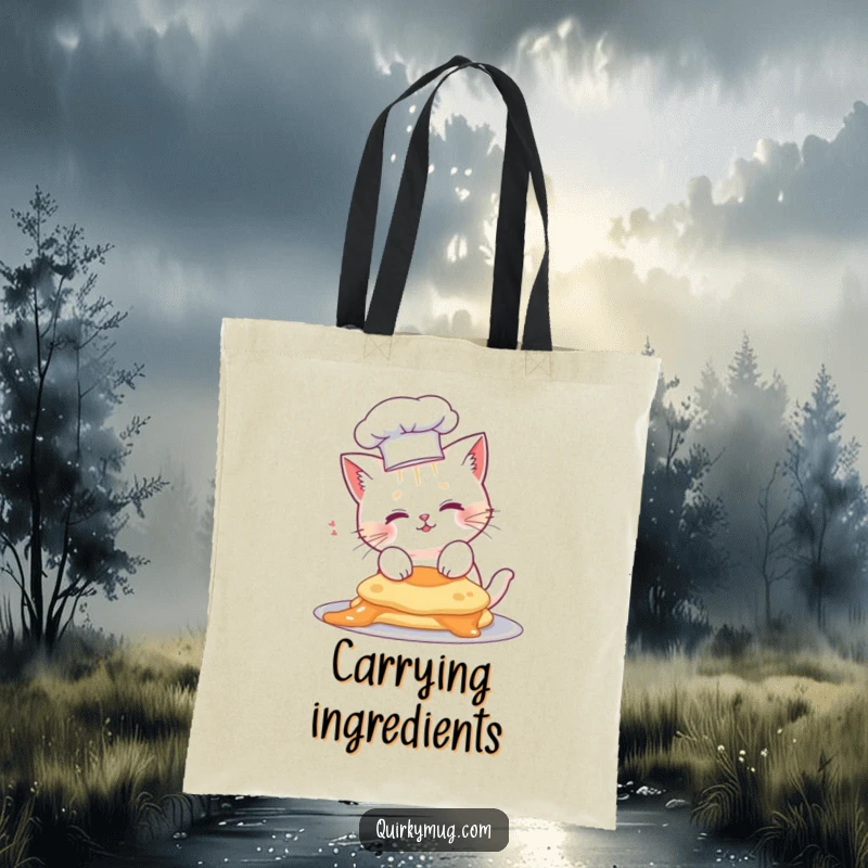 Funny cat chef tote bag, cute cat wearing a chef hat, with a pancake stuck on its head.