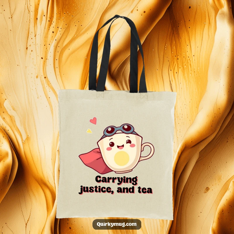 Funny tote bag featuring a spirited teacup character in a cape, captured mid-flight with dynamic, sideways excitement.
