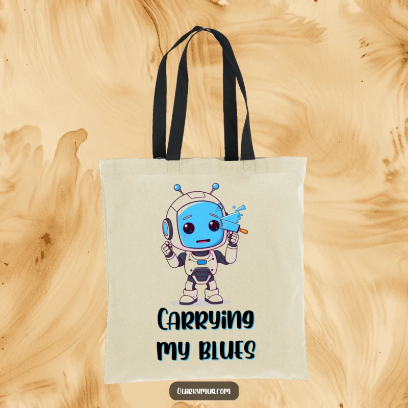 Funny tote bag featuring a cute, clumsy robot character with an entirely blue face from a paint spill, looking endearingly bewildered.