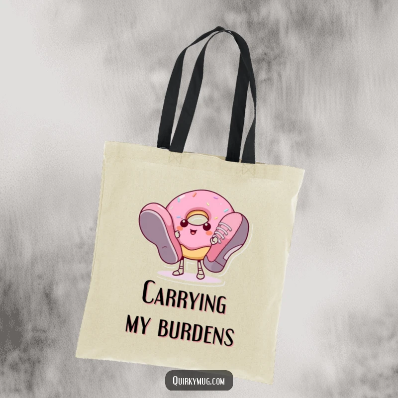 Funny donut character with oversized shoes, depicted on a stylish and humorous tote bag.