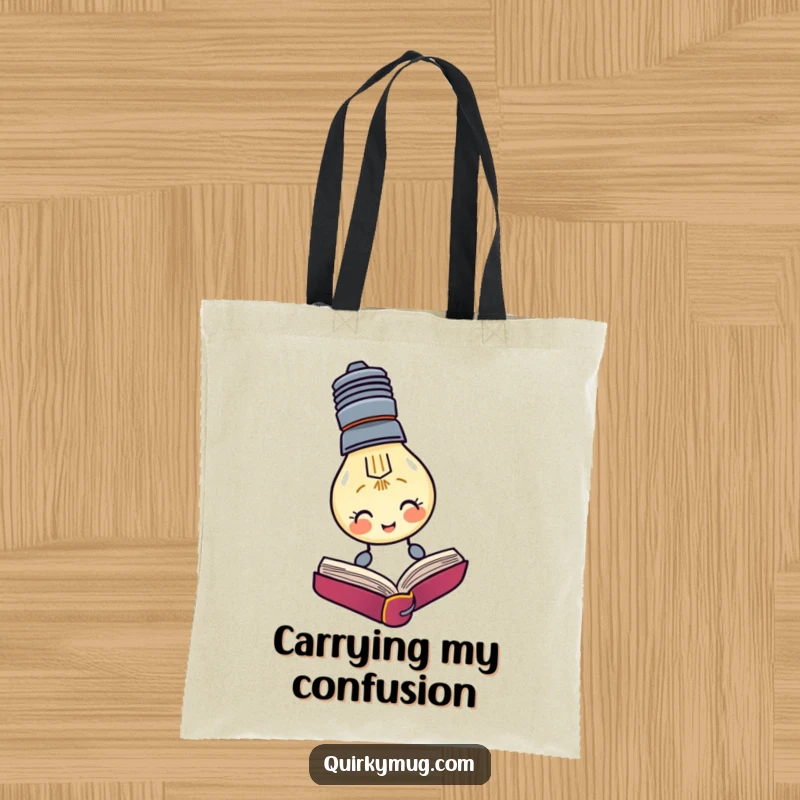 Funny tote bag with a lightbulb character trying to read an upside down book, ideal for carrying supplies.