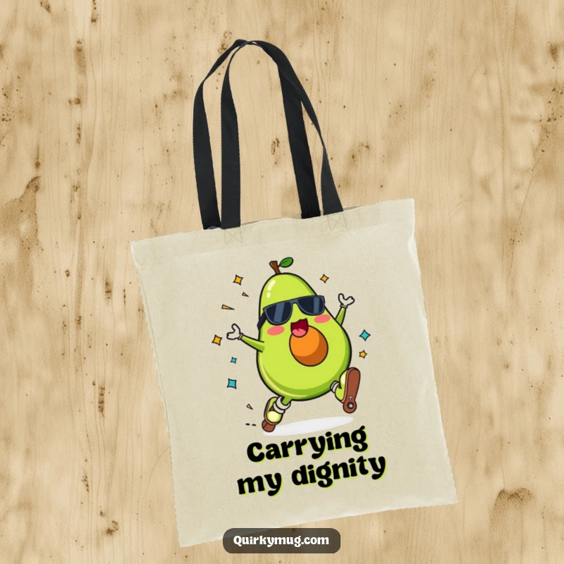Funny Kawaii avocado character on a tote bag, roller skating and falling spectacularly with a surprised expression.