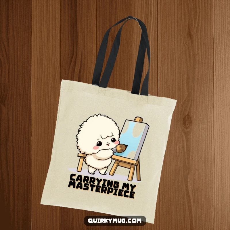 Funny Art Creature Tote Bag: A fluffy creature painting with a giant brush, a humorous and practical art accessory.