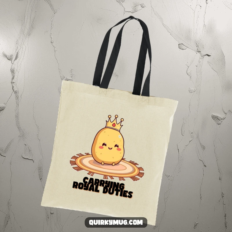 Funny tote bag with a smiling potato wearing a crown, sliding on a rug, ideal for carrying items.