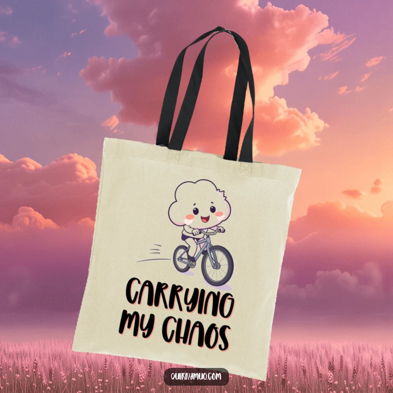 Funny tote bag featuring a smiling cloud comically losing control on a downhill bicycle, whimsical and practical accessory.