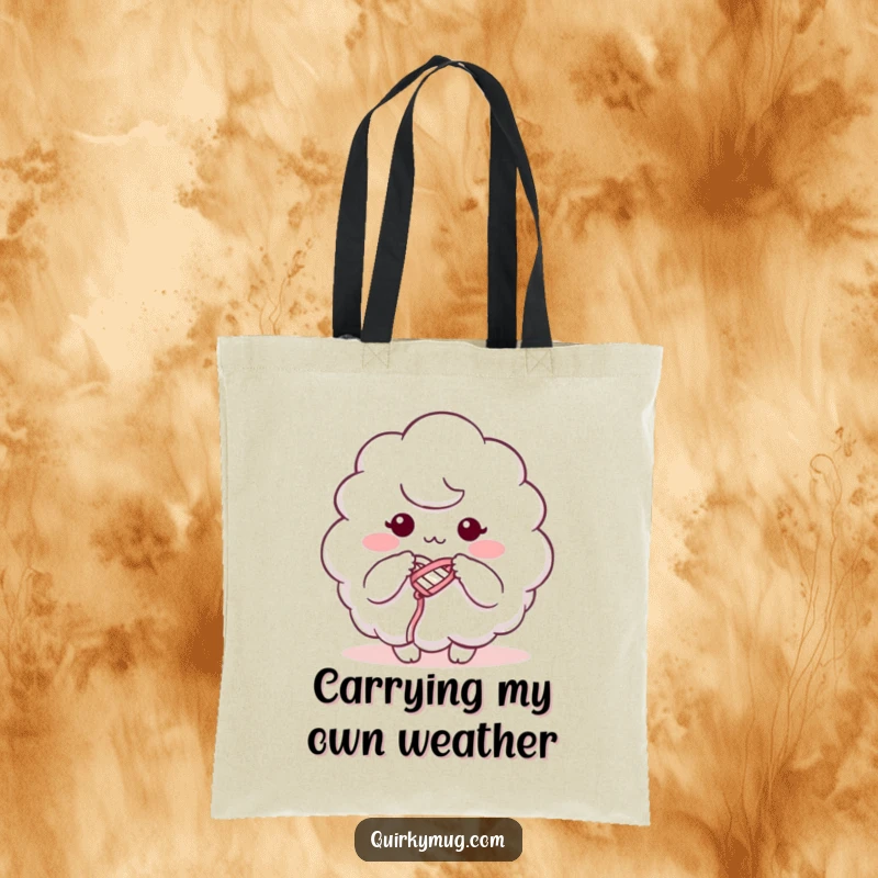 Funny tote bag illustration of a fluffy cloud character attempting to knit using its own mist, practical and humorous.
