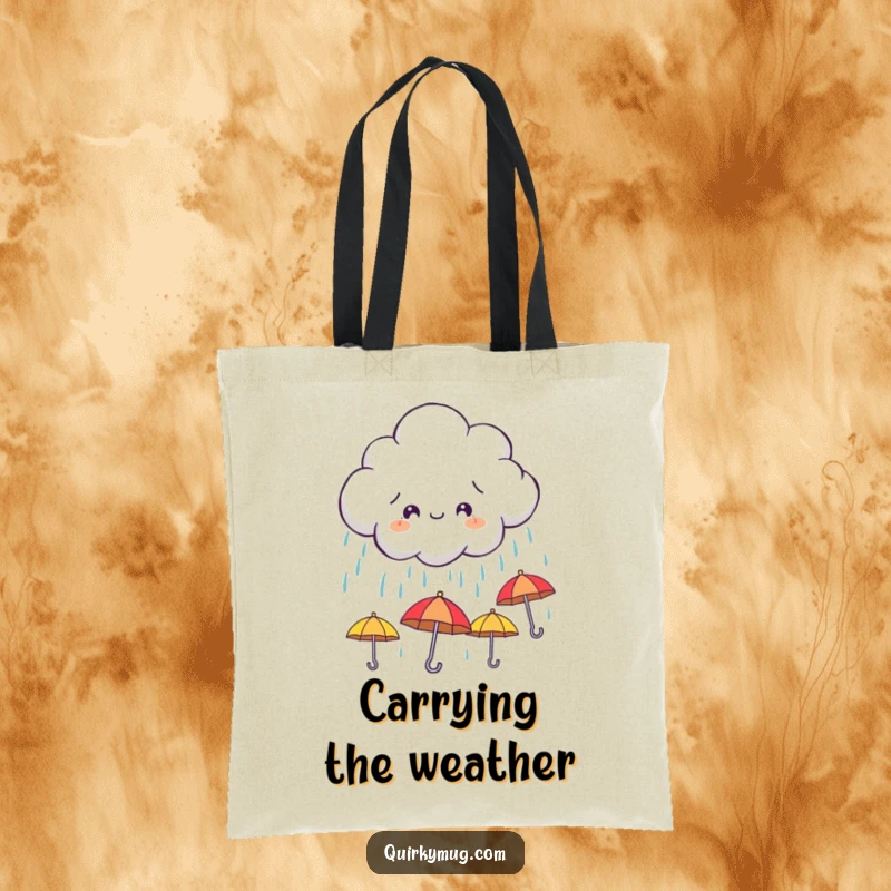 Funny tote bag illustrating a mischievous cloud character raining down miniature, smiling umbrellas, perfect for carrying essentials with cheer.