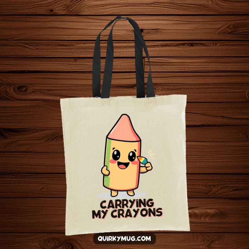 Funny tote bag depicting a beaming crayon character attempting to draw its self-portrait with its own pointed tip.
