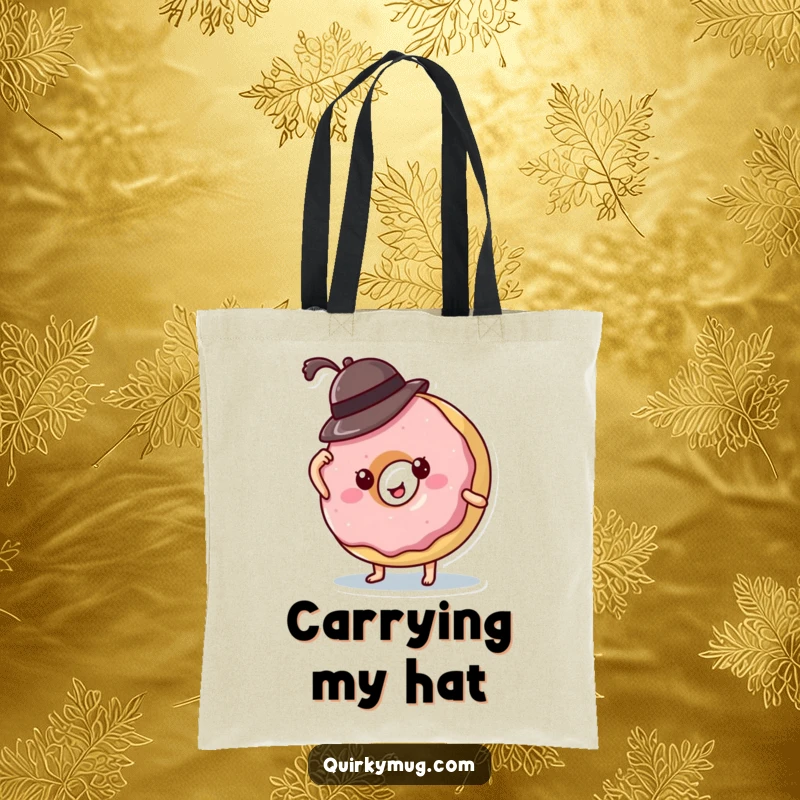 Funny donut character's tiny hat falling off, depicted on a stylish tote bag. A whimsical and practical accessory.